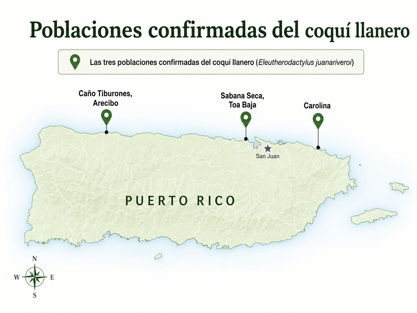 Mapa de las poblaciones confirmadas del coquí llanero en Toa Baja, Arecibo y Carolina.
