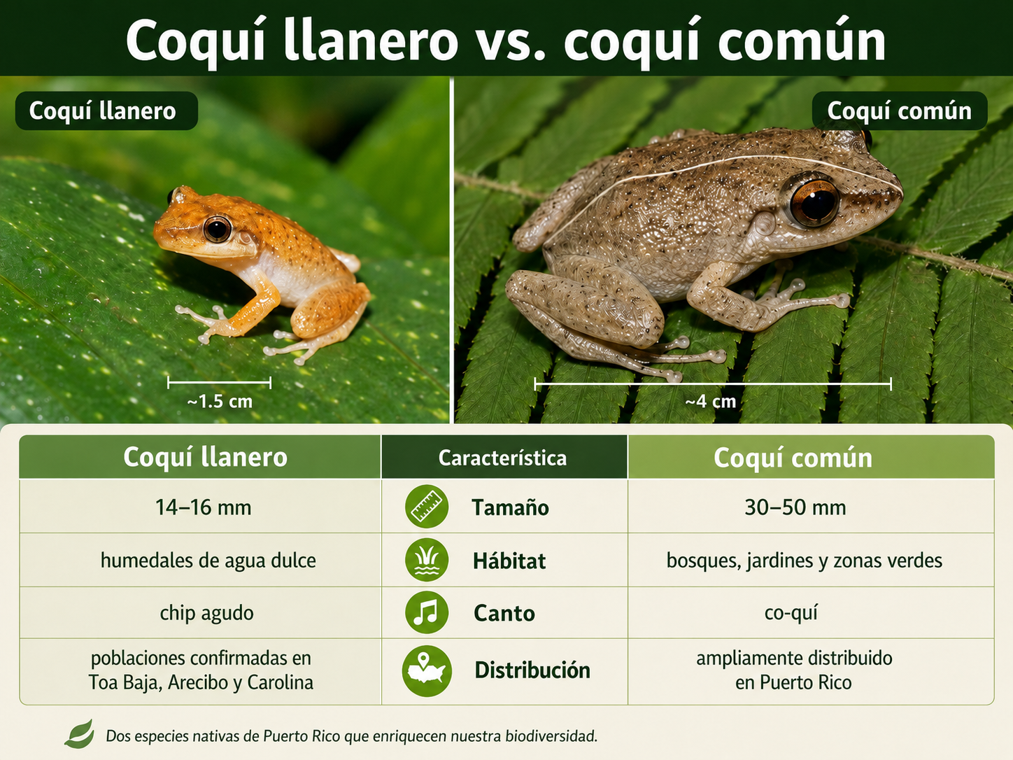 Comparación del coquí llanero y el coquí común.